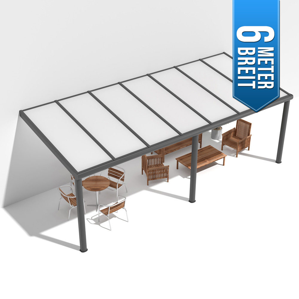Terrassenüberdachung Alu anthrazit Premium mit 8mm VSG Glas 6 meter breit mit opal milchig
