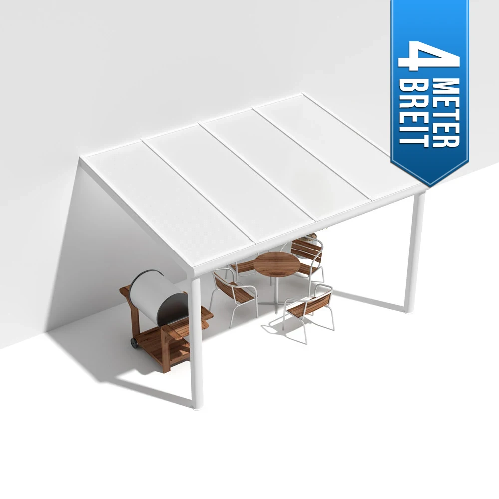 Terrassenüberdachung Alu weiß Premium mit 16mm Stegplatten opal/weiß 4 meter Breite
