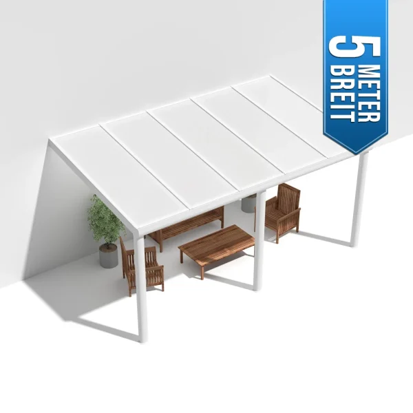 Terrassenüberdachung Alu weiß Premium mit 16mm Stegplatten opal/weiß 5 meter Breite