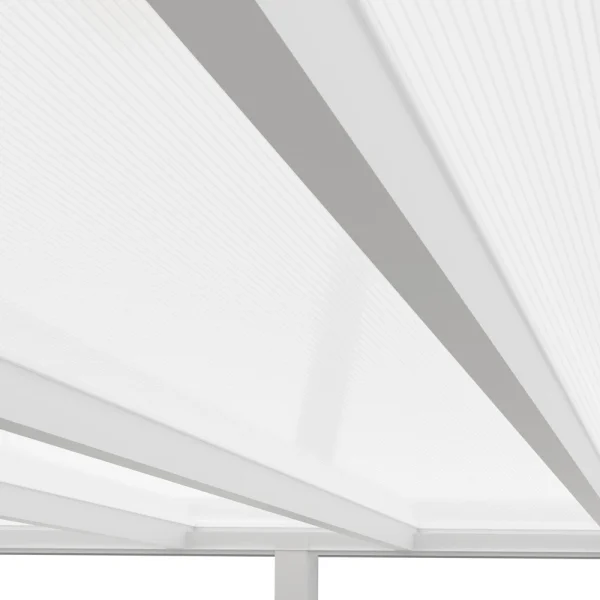 Terrassenüberdachung Alu weiß Premium mit 16mm Stegplatten opal/weiß 5 meter Breite 8