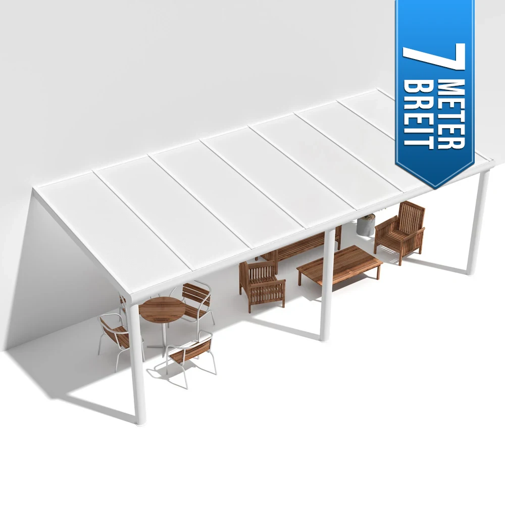 Terrassenüberdachung Alu weiß Premium mit 16mm Stegplatten opal/weiß 7 meter Breite