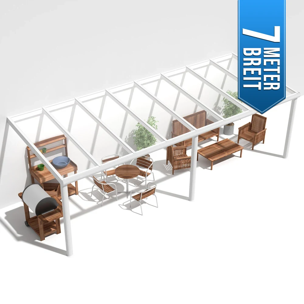 Terrassenüberdachung Alu weiß Premium mit 8mm VSG Glas klar/farblos 7 meter Breit
