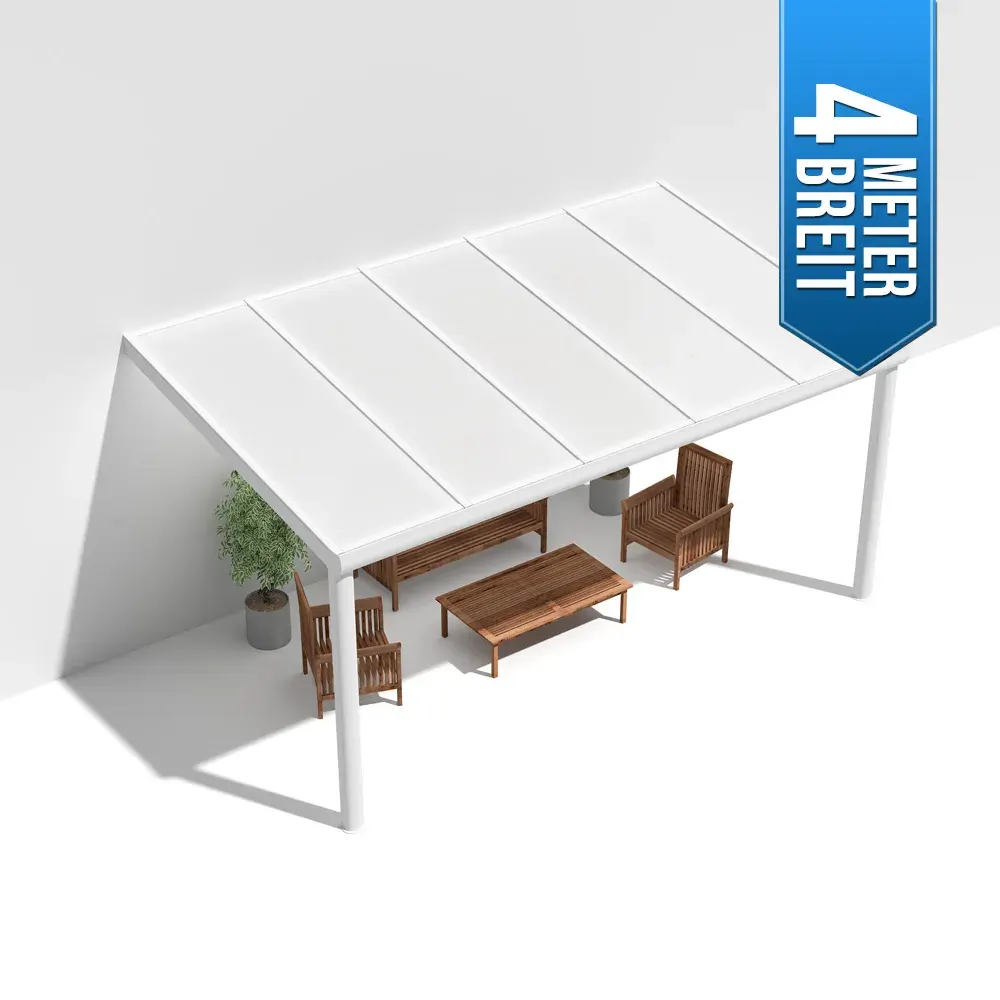 Terrassenüberdachung Alu weiß Premium mit 8mm VSG Glas opal/milchig 4 meter Breite